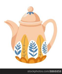 Porcelain or ceramics kitchenware and serving dishes. Isolated pot or kettle with floral ornament decoration, making tea and brewing tasty warm beverages for breakfast or lunch. Vector in flat style. Tea pot or kettle with floral ornament decoration