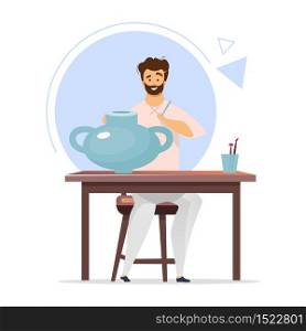 Porcelain painter flat color vector illustration. Man painting ceramic pot. Male character decorating pottery vessel. Clayware production. Isolated cartoon character on white background