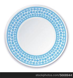 Porcelain plate on a painting of a blue snowflakes on a white background. Vector illustration