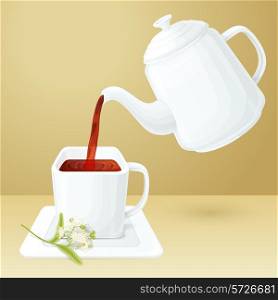 Porcelain tea cup and pot with linden brunch vector illustration