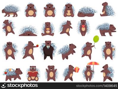 Porcupine icons set. Cartoon set of porcupine vector icons for web design. Porcupine icons set, cartoon style