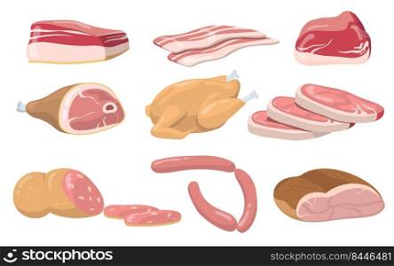 Pork, beef and lamb raw meat flat item set. Cartoon fresh meat products, steaks and sausages isolated vector illustration collection. Food and nutrition concept