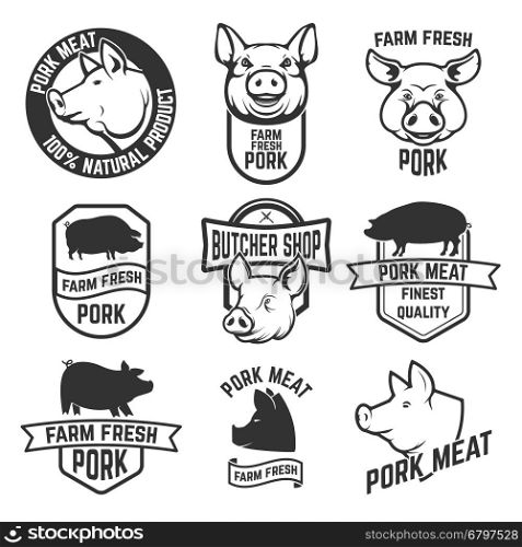 Pork meat labels. Pig silhouettes and heads. Design elements for logo, label, emblem, sign, brand mark. Vector illustration.