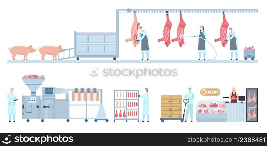 Pork meat production conveyor from farm pig to butcher shop. Butchery manufacture process stage. Sausage product industry vector infographic. Workers making food and distributing to shop. Pork meat production conveyor from farm pig to butcher shop. Butchery manufacture process stage. Sausage product industry vector infographic
