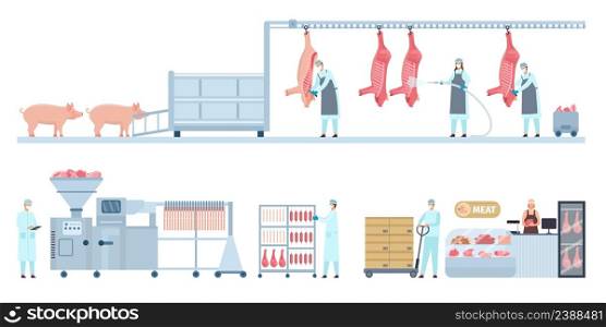 Pork meat production conveyor from farm pig to butcher shop. Butchery manufacture process stage. Sausage product industry vector infographic. Workers making food and distributing to shop. Pork meat production conveyor from farm pig to butcher shop. Butchery manufacture process stage. Sausage product industry vector infographic