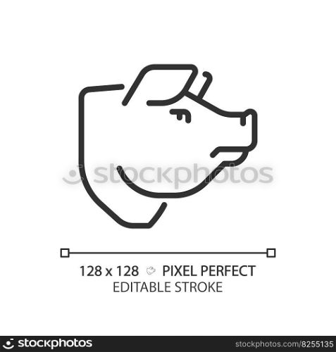 Pork pixel perfect linear icon. Pig head. Meat shop. Food industry. Farm animal. BBQ menu. Barbecue restaurant. Thin line illustration. Contour symbol. Vector outline drawing. Editable stroke. Pork pixel perfect linear icon