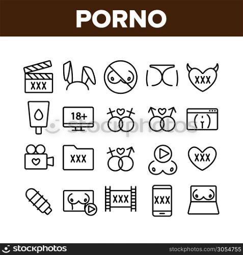 Porno Film Industry Collection Icons Set Vector Thin Line. Porno Web Site And Folder Xxx, Boobs On Laptop Screen And Bunny Ears Concept Linear Pictograms. Monochrome Contour Illustrations. Porno Film Industry Collection Icons Set Vector