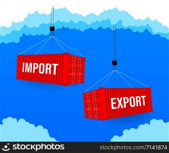 Port crane lift two red cargo containers with import and export words. Vector stock illustration. Port crane lift two red cargo containers with import and export words. Vector stock illustration.