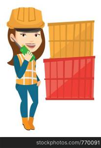Port worker in hard hat talking on wireless radio. Port worker standing on cargo containers background. Port worker using wireless radio. Vector flat design illustration isolated on white background.. Port worker talking on wireless radio.