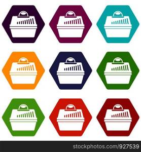 Portable cage for pets icon set many color hexahedron isolated on white vector illustration. Portable cage for pets icon set color hexahedron