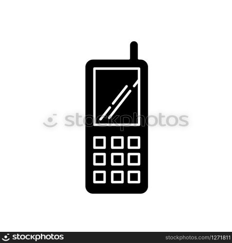 Portable cell phone black glyph icon. Wireless cellular telephone with buttons. Communication device. Handheld mobile phone. Technology. Silhouette symbol on white space. Vector isolated illustration