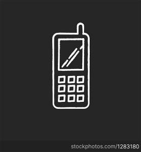 Portable cell phone chalk white icon on black background. Wireless cellular telephone with buttons. Communication device. Mobile phone. Electronic gadget. Isolated vector chalkboard illustration