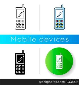 Portable cell phone icon. Wireless cellular telephone with buttons. Communication device. Handheld mobile phone. Electronic gadget. Linear black and RGB color styles. Isolated vector illustrations