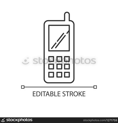 Portable cell phone pixel perfect linear icon. Wireless cellular telephone with buttons. Thin line customizable illustration. Contour symbol. Vector isolated outline drawing. Editable stroke