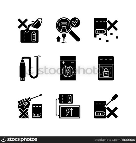 Portable charger care black glyph manual label icons set on white space. Protection from shock damage. Repairment. Silhouette symbols. Vector isolated illustration for product use instructions. Portable charger care black glyph manual label icons set on white space