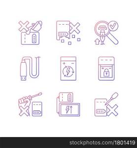 Portable charger care gradient linear vector manual label icons set. Protect from damage. Thin line contour symbols bundle. Isolated outline illustrations collection for product use instructions. Portable charger care gradient linear vector manual label icons set