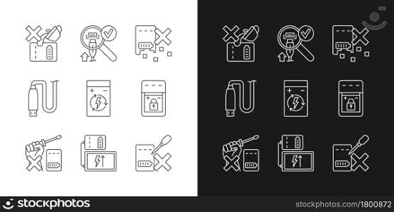 Portable charger care linear manual label icons set for dark and light mode. Customizable thin line symbols. Isolated vector outline illustrations for product use instructions. Editable stroke. Portable charger care linear manual label icons set for dark and light mode
