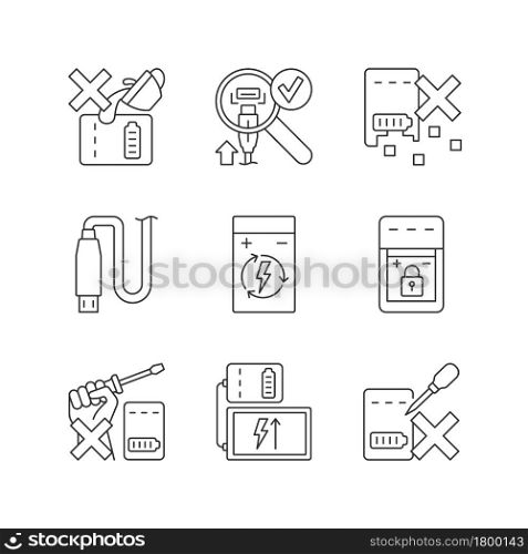 Portable charger care linear manual label icons set. Protect from damage. Customizable thin line contour symbols. Isolated vector outline illustrations for product use instructions. Editable stroke. Portable charger care linear manual label icons set