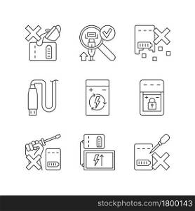 Portable charger care linear manual label icons set. Protect from damage. Customizable thin line contour symbols. Isolated vector outline illustrations for product use instructions. Editable stroke. Portable charger care linear manual label icons set
