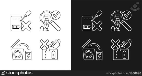 Portable charger guide linear manual label icons set for dark and light mode. Customizable thin line symbols. Isolated vector outline illustrations for product use instructions. Editable stroke. Portable charger guide linear manual label icons set for dark and light mode