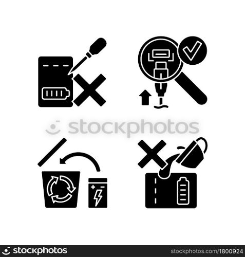 Portable charger guidelines black glyph manual label icons set on white space. Charger disposal. Damage risk. Silhouette symbols. Vector isolated illustration for product use instructions. Portable charger guidelines black glyph manual label icons set on white space