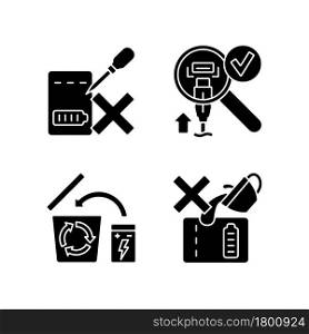 Portable charger guidelines black glyph manual label icons set on white space. Charger disposal. Damage risk. Silhouette symbols. Vector isolated illustration for product use instructions. Portable charger guidelines black glyph manual label icons set on white space