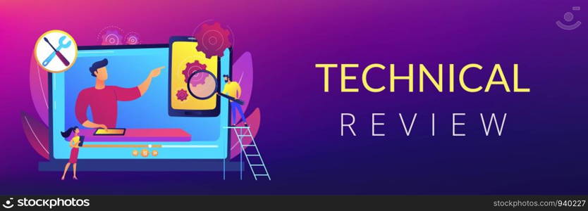 Portable electronic device video feedbacks online channel. Technical review, device buying advice, latest technology news and reviews concept. Header or footer banner template with copy space.. Technical review concept banner header