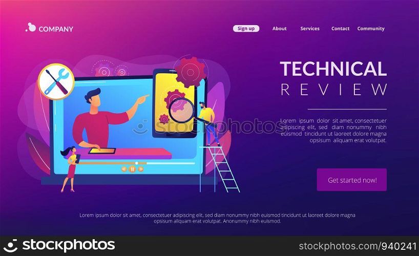 Portable electronic device video feedbacks online channel. Technical review, device buying advice, latest technology news and reviews concept. Website homepage landing web page template.. Technical review concept landing page