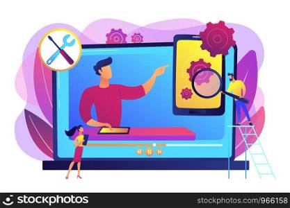 Portable electronic device video feedbacks online channel. Technical review, device buying advice, latest technology news and reviews concept. Bright vibrant violet vector isolated illustration. Technical review concept vector illustration