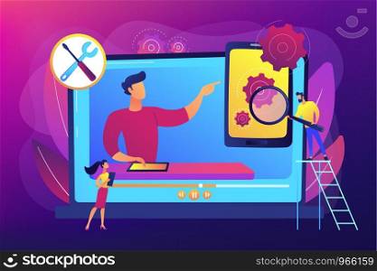 Portable electronic device video feedbacks online channel. Technical review, device buying advice, latest technology news and reviews concept. Bright vibrant violet vector isolated illustration. concept vector illustration