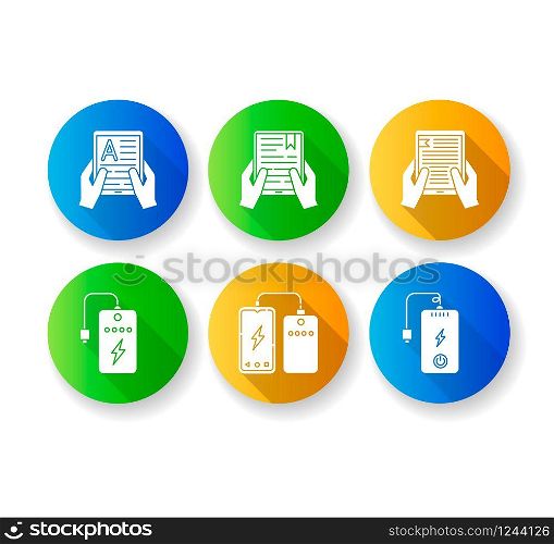 Portable electronic devices flat design long shadow glyph icons set. Power bank. Portable battery. Pocket charging gadget. Hands holding e-readers. Digital reading. Silhouette RGB color illustration