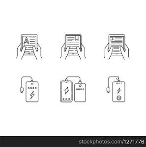 Portable electronic devices pixel perfect linear icons set. Portable power bank. Hands holding e-readers. Customizable thin line contour symbols. Isolated vector outline illustrations. Editable stroke