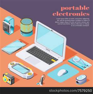 Portable electronics isometric background with computer mouse flash drive laptop smartphone power bank fitness bracelet oximeter action camera icons located on table vector illustration