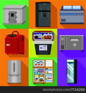 Portable fridge icon set. Flat set of 9 portable fridge vector icons for web design isolated on white background. Portable fridge icon set, flat style
