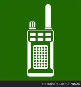 Portable handheld radio icon white isolated on green background. Vector illustration. Portable handheld radio icon green