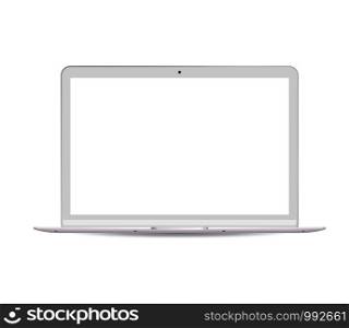 Portable notebook computer with white lcd screen. Realistic vector Laptop pc mockup illustration. High quality modern design.. Portable notebook computer with white lcd screen