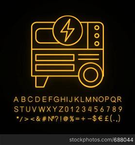 Portable power generator neon light icon. Home electric generator. Glowing sign with alphabet, numbers and symbols. Vector isolated illustration. Portable power generator neon light icon