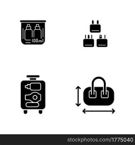 Portable travel essentials black glyph icons set on white space. Compact bag. Traveller plugs. Open suitcase. Mini size objects for tourist comfort. Silhouette symbols. Vector isolated illustration. Portable travel essentials black glyph icons set on white space