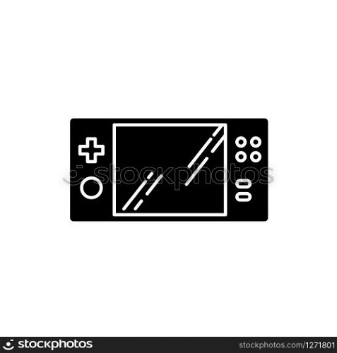 Portable video game console black glyph icon. Handheld gaming gadget with buttons. Pocket electronic device. Entertainment. Technology. Silhouette symbol on white space. Vector isolated illustration