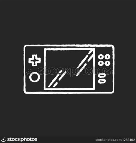 Portable video game console chalk white icon on black background. Handheld gaming gadget with buttons. Pocket device for playing games. Entertainment. Isolated vector chalkboard illustration
