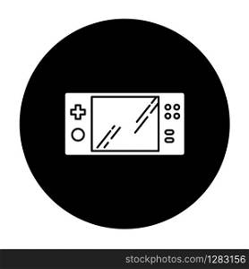 Portable video game console glyph icon. Handheld gaming gadget with buttons. Pocket electronic device for playing games. Entertainment. Technology. Vector white silhouette illustration in black circle