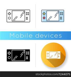 Portable video game console icon. Handheld gaming gadget with buttons. Pocket electronic device for playing games. Entertainment. Linear black and RGB color styles. Isolated vector illustrations