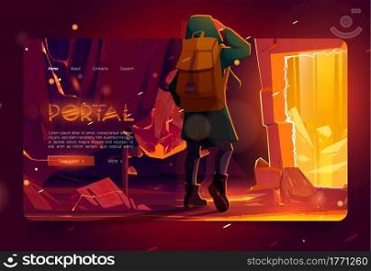 Portal banner with man in mountain cave with ancient stone arch with golden glow. Vector landing page with cartoon fantasy illustration with traveler with backpack walks to magic portal. Portal banner with man in mountain cave