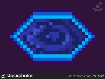 Portal prize, space pixel game, flat design style of gantry in blue color, pixelated squared prize, element of next level, virtual decoration for video-game, neon doorway vector. Pixel Game, Portal Trophy, Space Object Vector