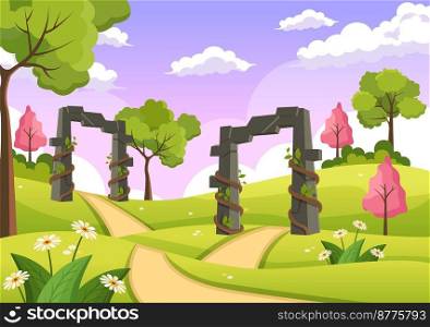 Portal with Summer Landscape Stone Arch Entrance to Public Park, Green Grass or Garden in Flat Cartoon Hand Drawn Template Illustration