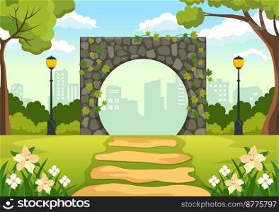 Portal with Summer Landscape Stone Arch Entrance to Public Park, Green Grass or Garden in Flat Cartoon Hand Drawn Template Illustration