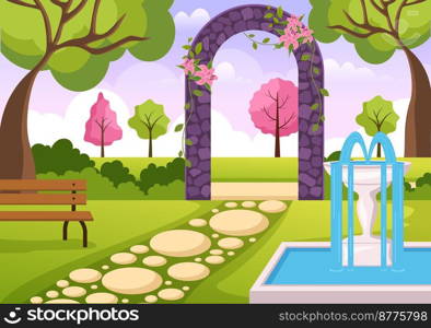 Portal with Summer Landscape Stone Arch Entrance to Public Park, Green Grass or Garden in Flat Cartoon Hand Drawn Template Illustration