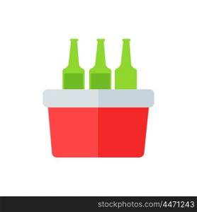 Portative Beach Freezer Bag. Portative beach freezer bag flat design icon. Picnic cooling lunch box isolated on white background. Small freezer-bag in red color with drinks. Vector illustration