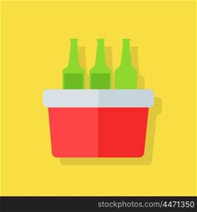 Portative Beach Freezer Bag. Portative beach freezer bag flat design icon. Picnic cooling lunch box isolated on yellow background. Small freezer-bag in red color with drinks. Vector illustration