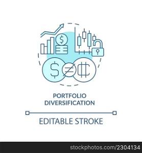 Portfolio diversification turquoise concept icon. Crypto-currency respective strength abstract idea thin line illustration. Isolated outline drawing. Editable stroke. Arial, Myriad Pro-Bold fonts used. Portfolio diversification turquoise concept icon
